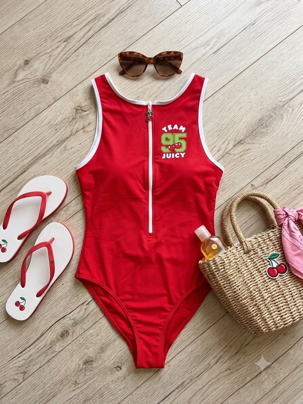 Juicy Couture One Piece Swimsuit Red Cherry Design Medium - Picture 3 of 7